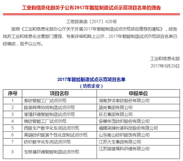 夢潔家紡等八家紡織企業上榜智能制造試點示范項目名單